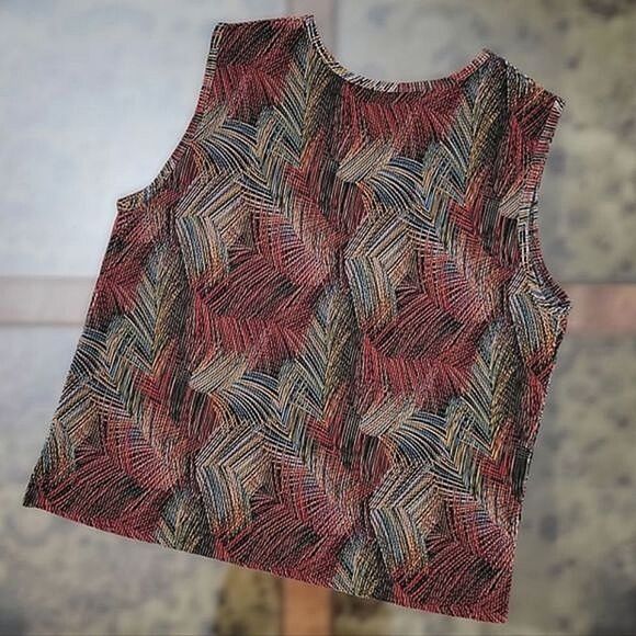 Vtg crimped dark red abstract palm print sleeveless blouse - Picture 4 of 8